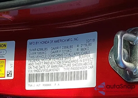 2018 Honda Accord Ex-L z USA, uszkodzony, nr VIN 1HGCV1F53JA107421